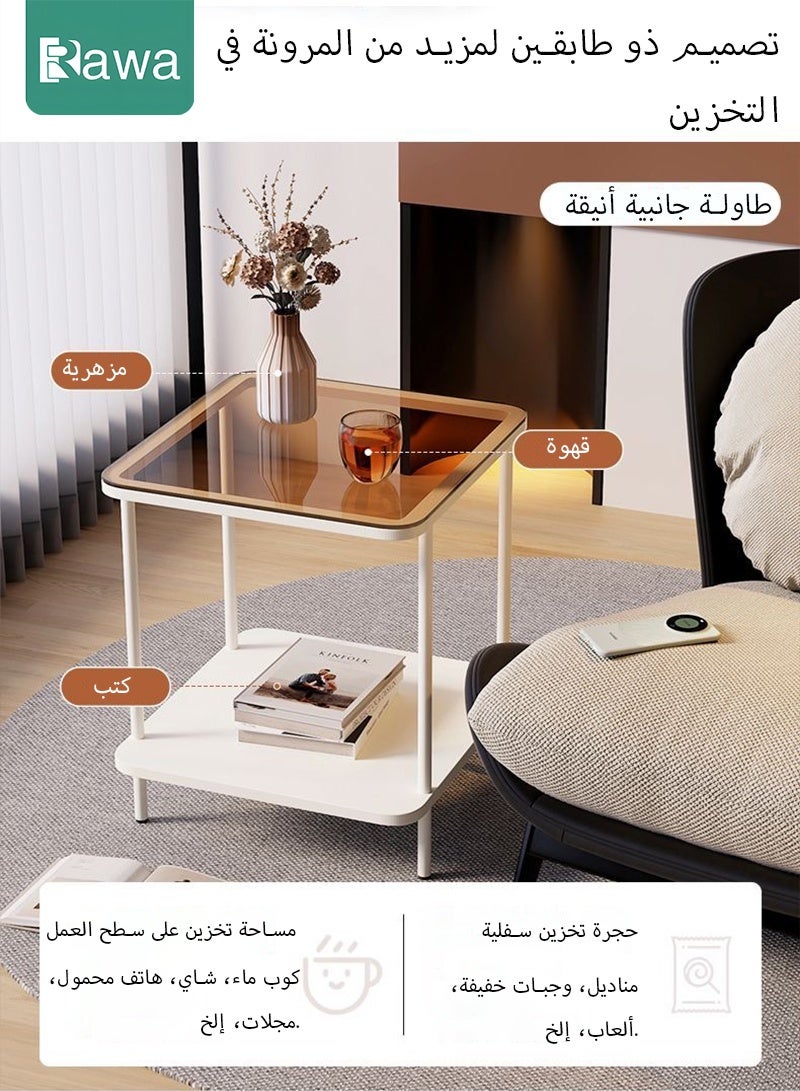 روعة طاولة جانبية زجاجية مدمجة، طاولة جانبية للأريكة، طاولة قهوة معدنية مع رف تخزين سفلي، مثالية للمساحات الصغيرة. خزانة سرير مربعة ذات طابقين، مناسبة لغرف المعيشة وغرف النوم والأرائك أو زوايا المكاتب. تركيب بسيط (إطار أبيض + زجاج بلون كهرماني). - Image 3